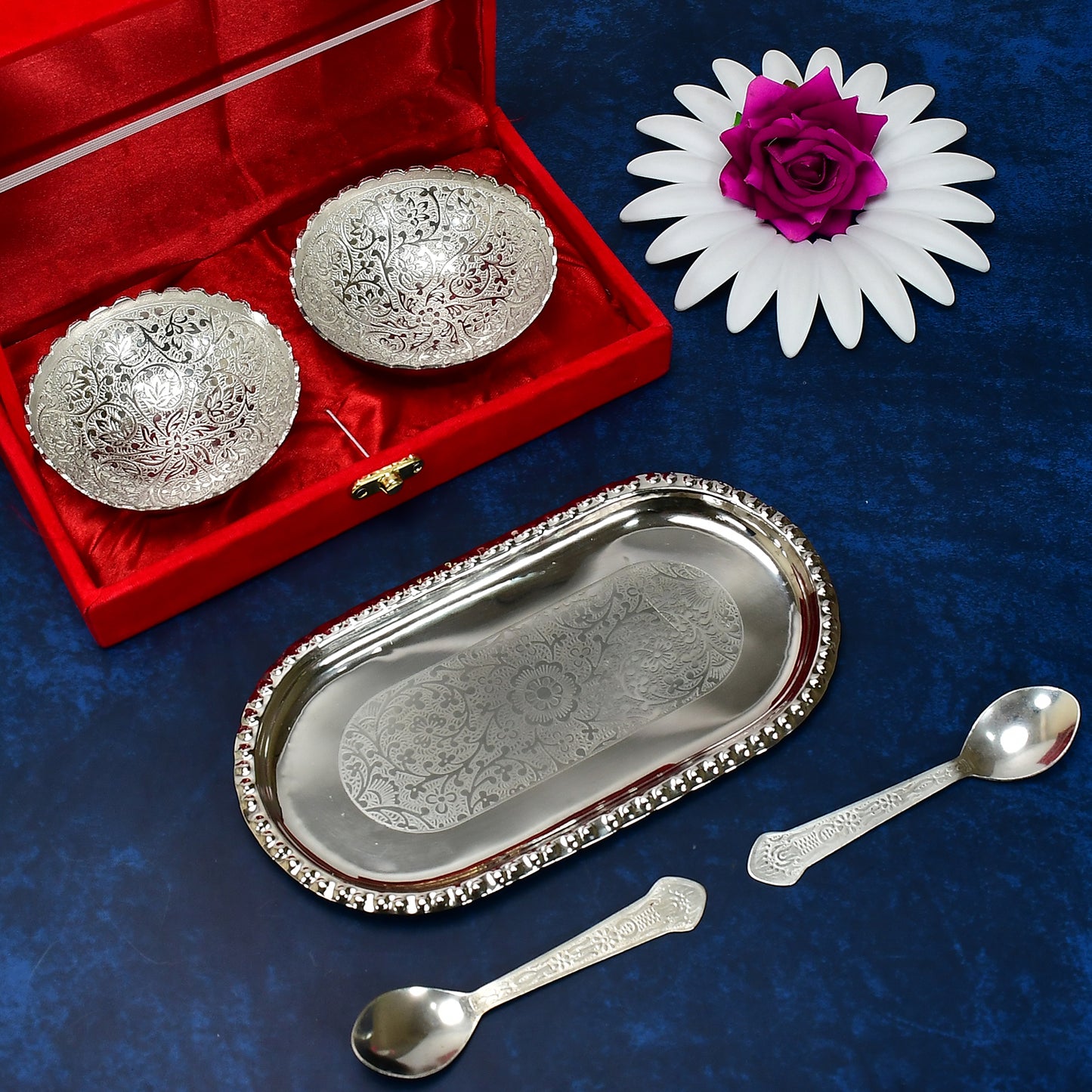 Silver Plated 2 Bowl 2 Spoon Tray Set Brass With Red Velvet Gift Box Serving Dry Fruits Desserts Gift