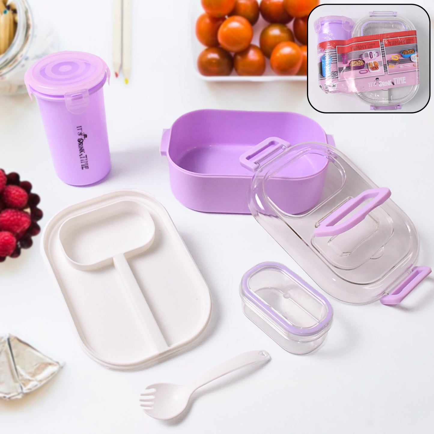 Plastic Lunch Box With Small Box Bottle Sponn For Kids Lunch Box (4 Pc Set)