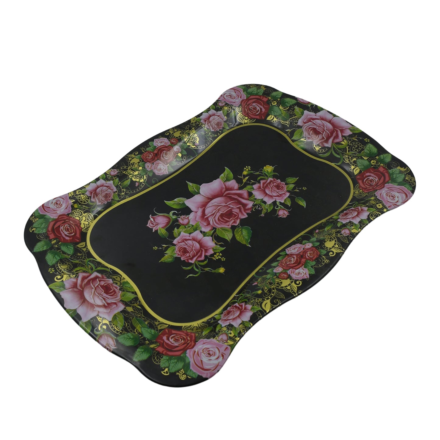 Stainless Steel Serving Tray With Flower Printed Rectangle Premium Dining Table Plate (18 X 8.5 Inch 1 Pc)