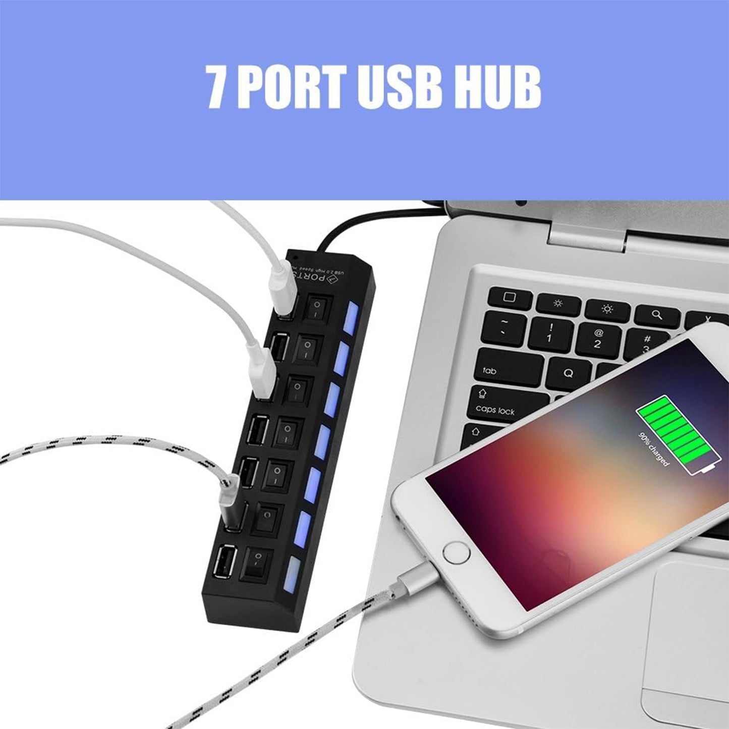 Usb Splitter Multi Port Usb 2.0 Hub 7 Port With Independent Onoff Switch And Led Indicators Usb A Port Data Hub Suitable For Pc Computer Keyboard Laptop Mobile Hdd Flash Drive Camera Etc