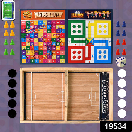 Wooden Board Game Set Ludo Snakes Ladders And Desktop Football (3-In-1)