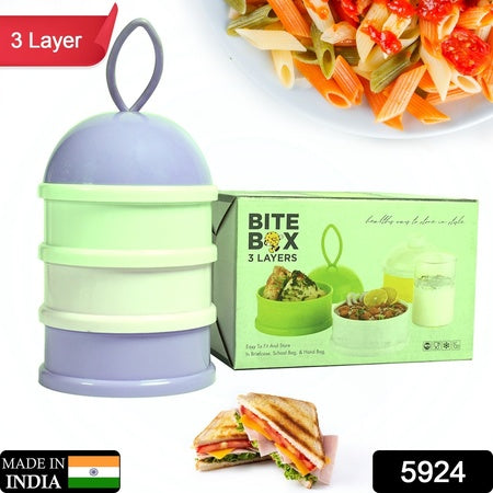 3 Layer Lunch Box Unique Design Bite Lunch Box With Liquid Food Container Lunch Box (Green)