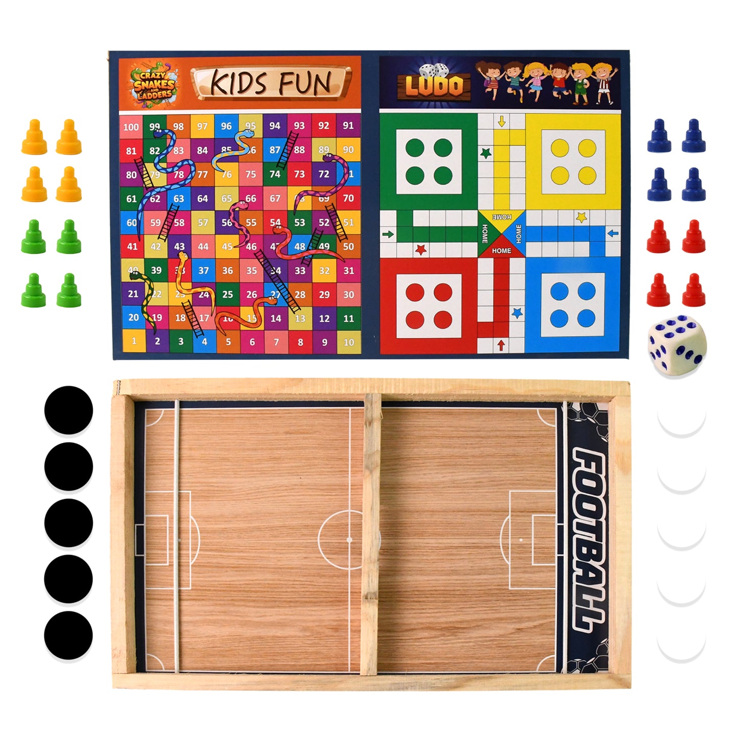 Wooden Board Game Set Ludo Snakes Ladders And Desktop Football (3-In-1)