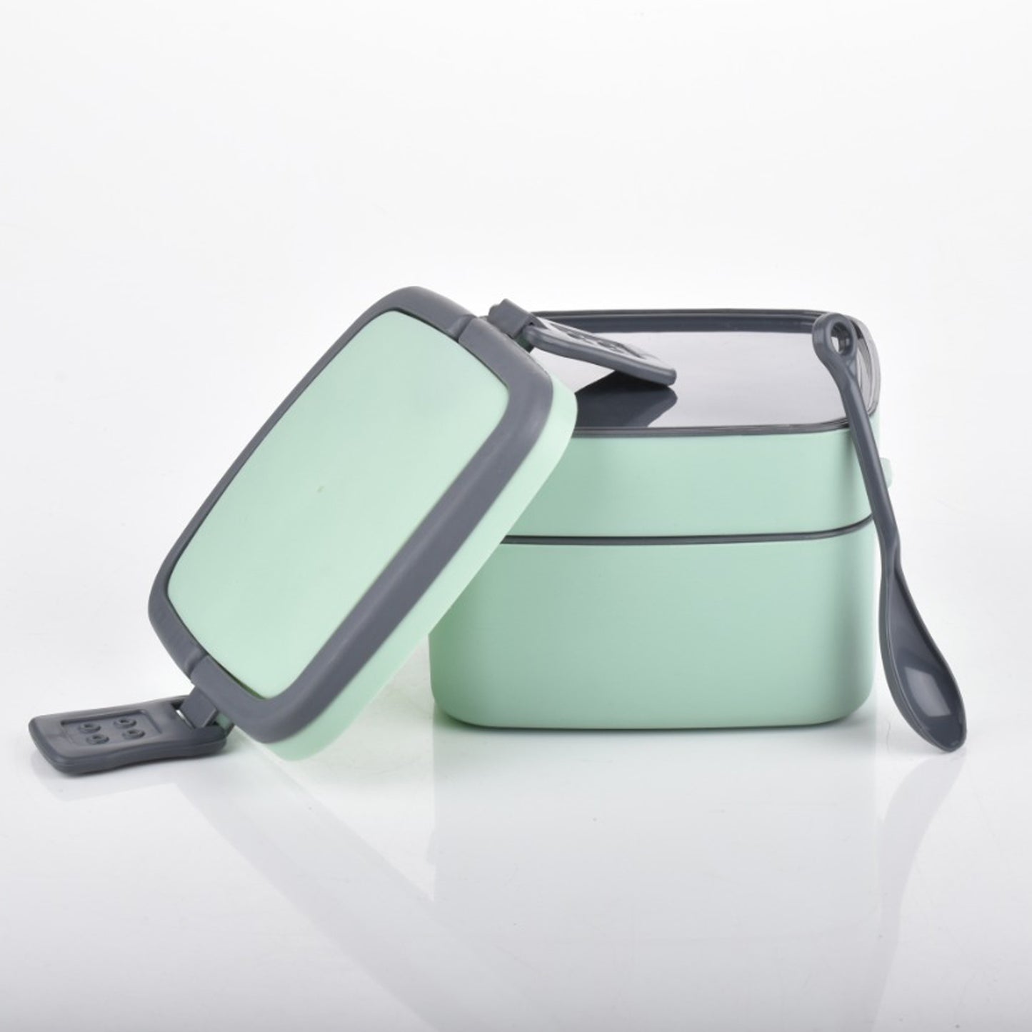 Green Double-Layer Portable Lunch Box Stackable With Carrying Handle And Spoon Lunch Box