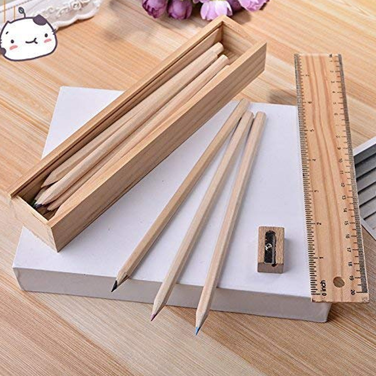 Colorful Wooden Pencil Set With Pencil Box Ruler Sharpener For For Kids Artist Architect