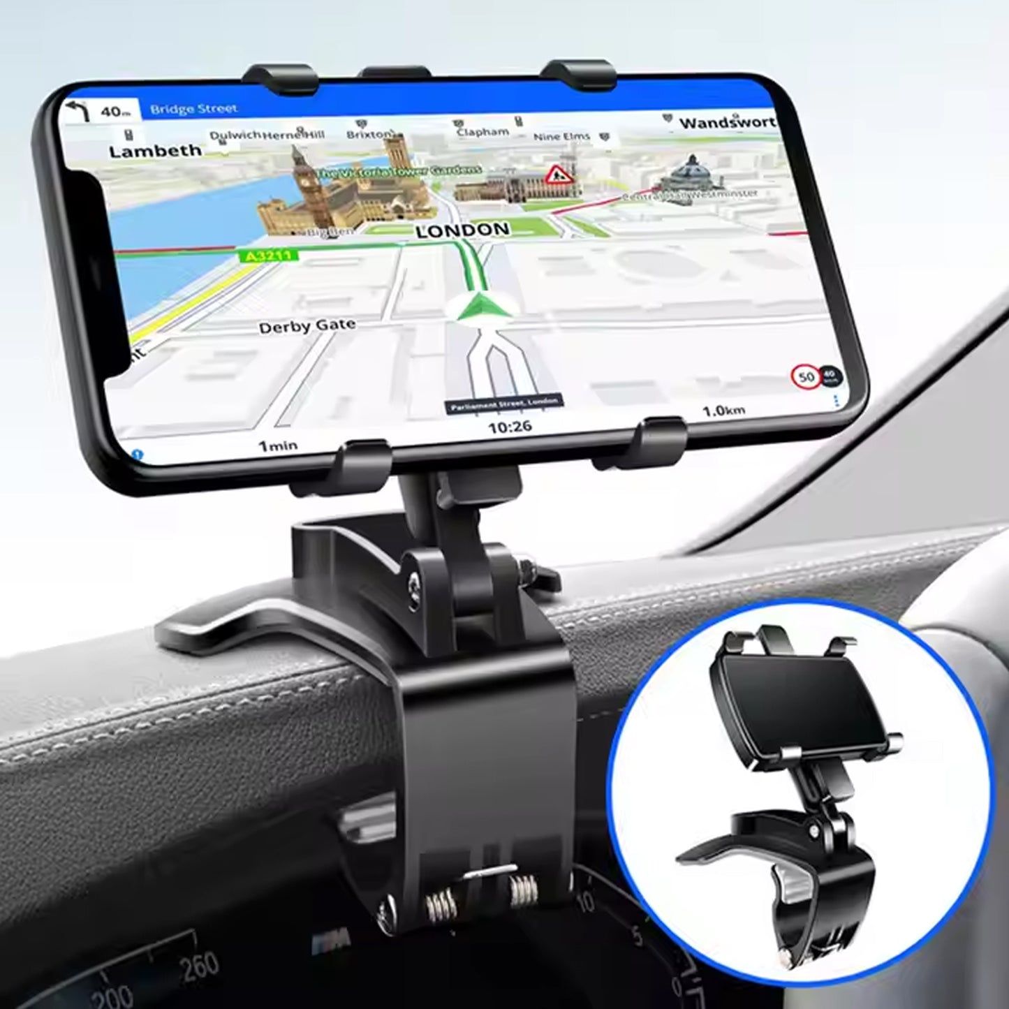 Car Phone Holder Clip Mount 360 Degree Rotation Dashboard Rear View Mirror Sun Visor Smartphone Hud Navigation Fold Stand Plastic Black Compatible For All Smart Phones