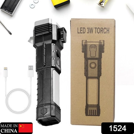 Portable 3W Rechargeable Torch Led Flashlight Long Distance Beam Range Hammer And Strong Magnets Window Glass And Seat Belt Cutter 4 Modes For Car Camping Hiking Indoor Outdoor