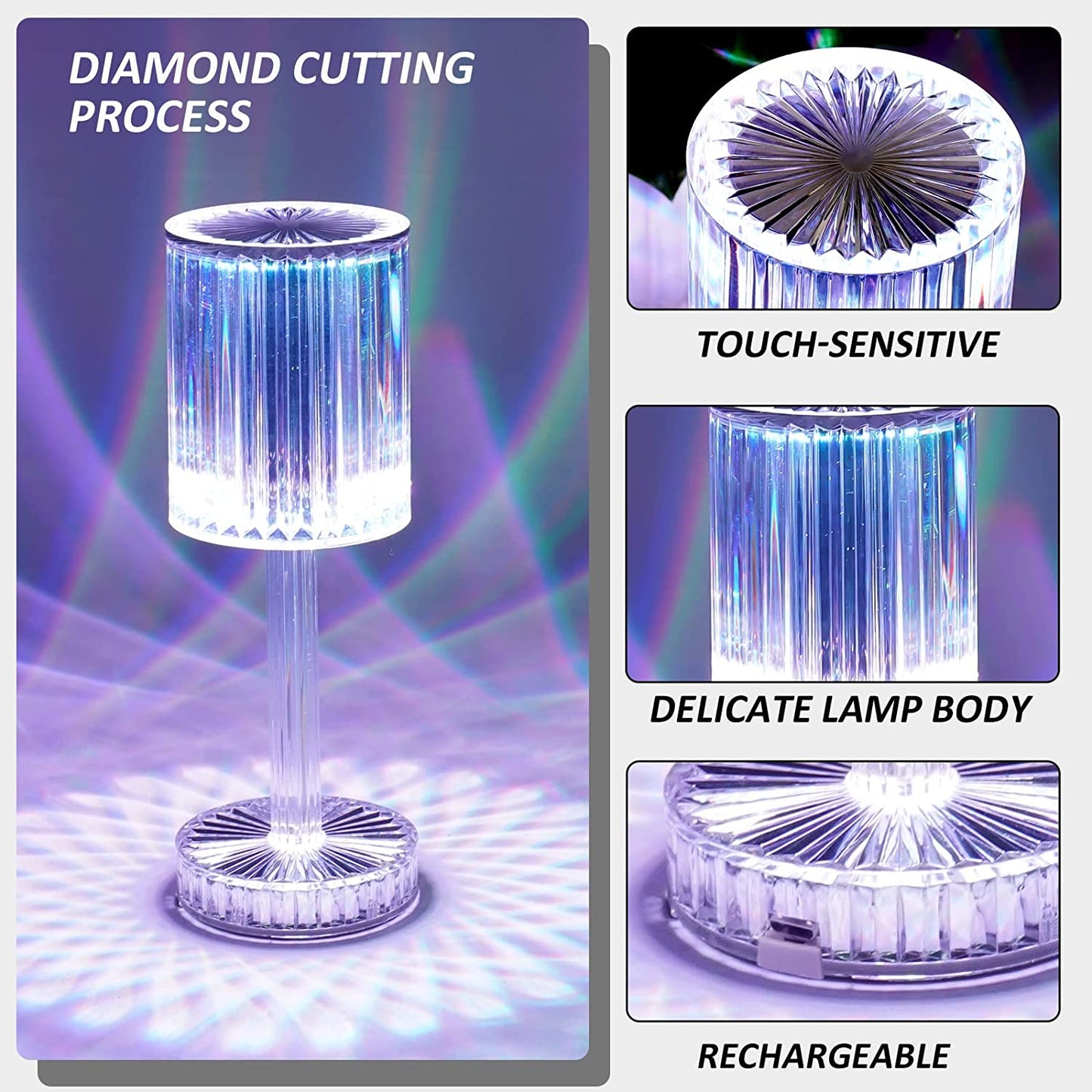 Crystal Table Lamp Touch Control Atmosphere Nightstand Lamp With Usb Charging Line