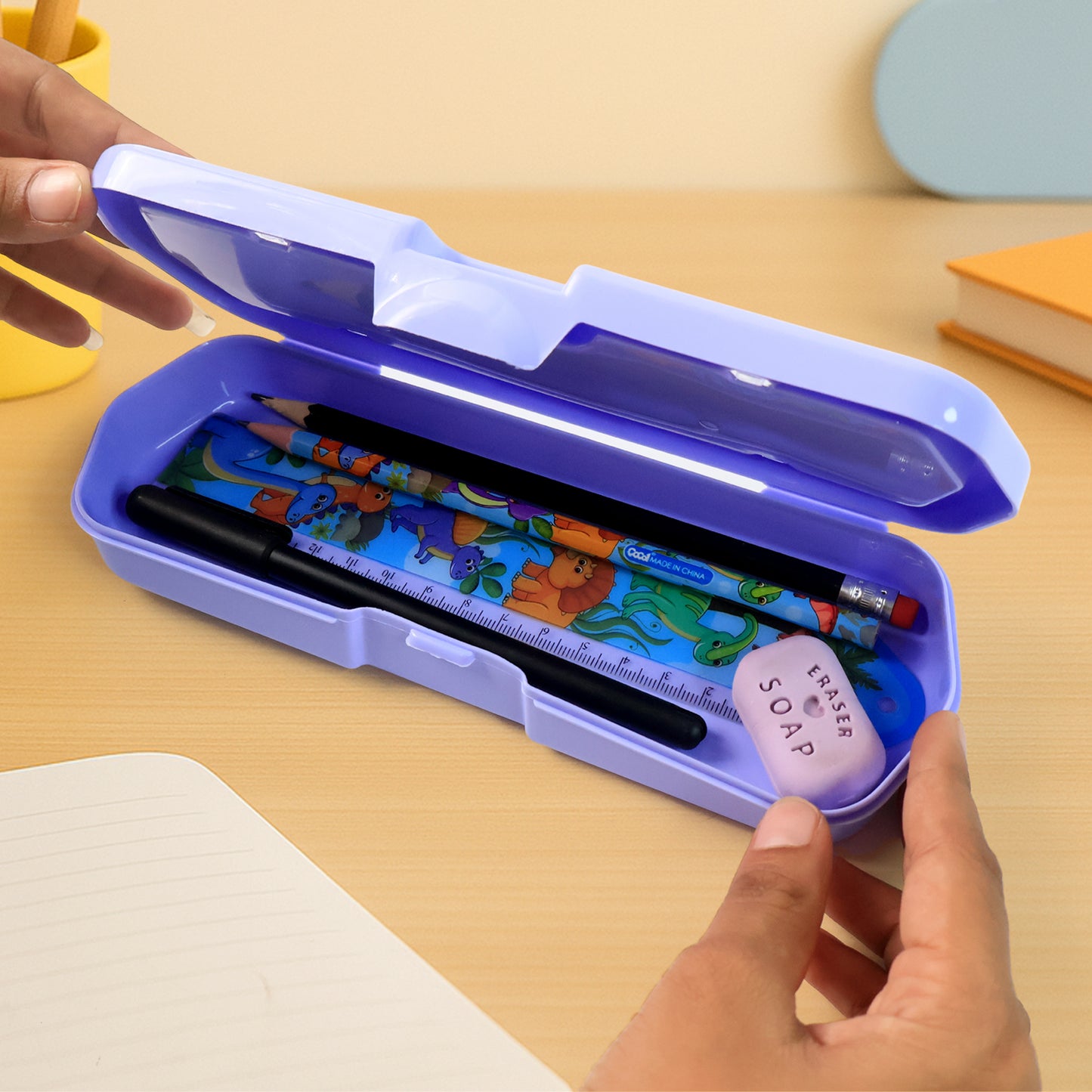 Cartoon Character Printed Plastic Pencil Box With Built-In Maze Puzzle Game (1 Pc)