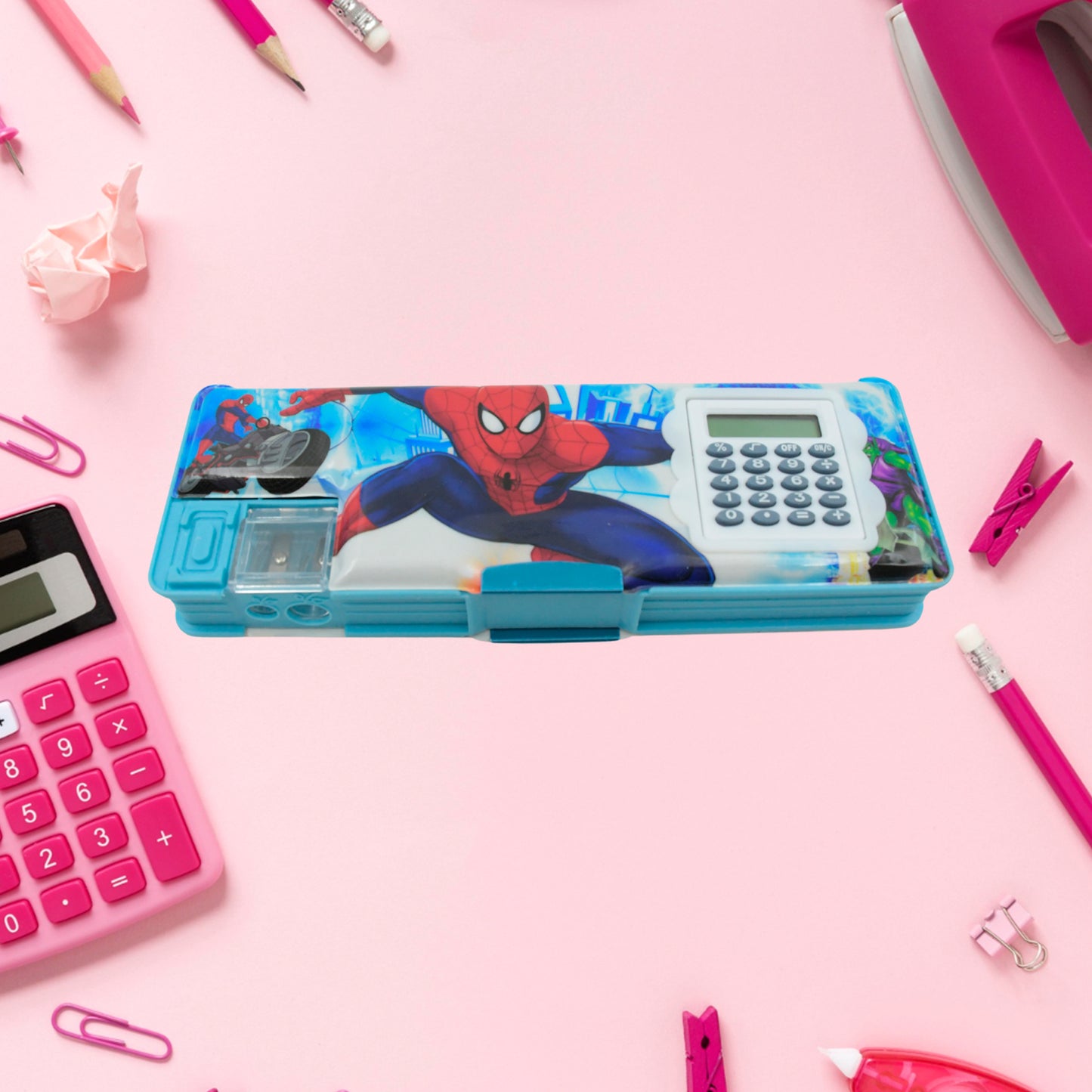 Art Stationery Cartoon Multi-Functional Geometry Box For Boys With Inbuilt Calculator 2 Sides Open And Double Sharpener Stationery Kit Pencil Box For Boys Art Plastic Pencil Box For Girls And Boys