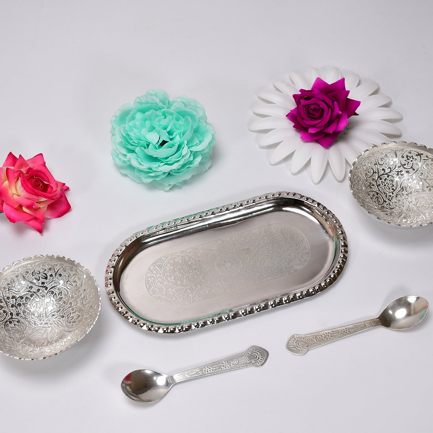 Silver Plated 2 Bowl 2 Spoon Tray Set Brass With Red Velvet Gift Box Serving Dry Fruits Desserts Gift