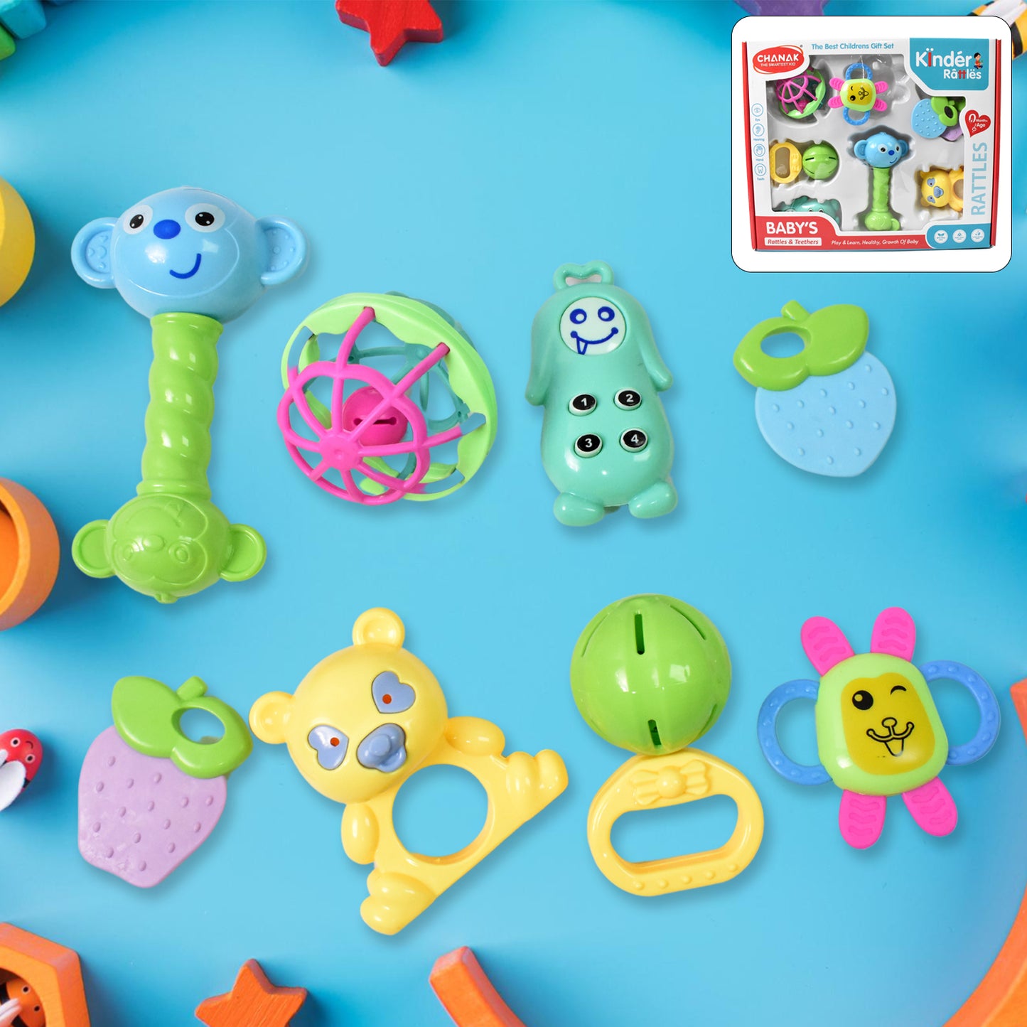 Kinder Rattles Classic Store Plastic Non-Toxic Shake And Grab Ball Baby Rattles Teethers (8 Pcs Set)