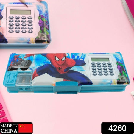 Art Stationery Cartoon Multi-Functional Geometry Box For Boys With Inbuilt Calculator 2 Sides Open And Double Sharpener Stationery Kit Pencil Box For Boys Art Plastic Pencil Box For Girls And Boys