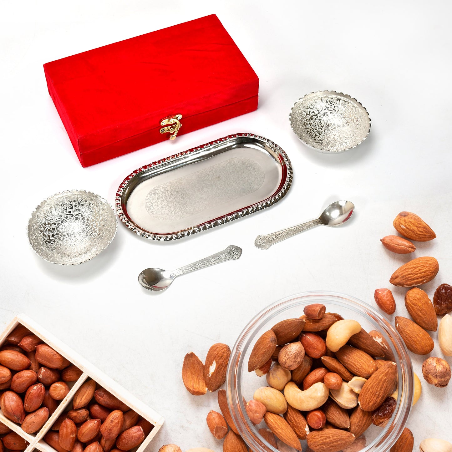 Silver Plated 2 Bowl 2 Spoon Tray Set Brass With Red Velvet Gift Box Serving Dry Fruits Desserts Gift