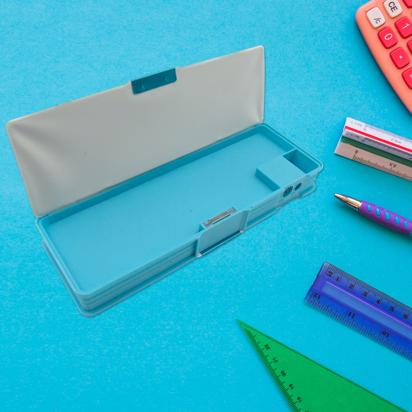 Art Stationery Cartoon Multi-Functional Geometry Box For Boys With Inbuilt Calculator 2 Sides Open And Double Sharpener Stationery Kit Pencil Box For Boys Art Plastic Pencil Box For Girls And Boys