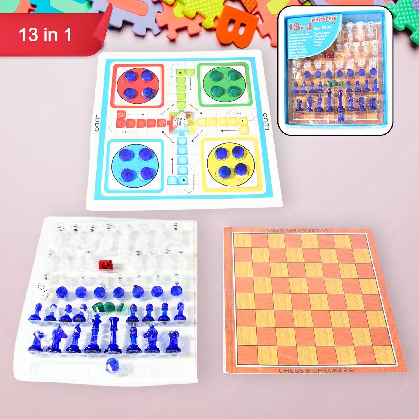 13 In 1 Family Board Game Chess Snakes Ladders Ludo Tic-Tac-Toe Checkers Travel Bingo Football Space Venture Steeplechase Set For Kids