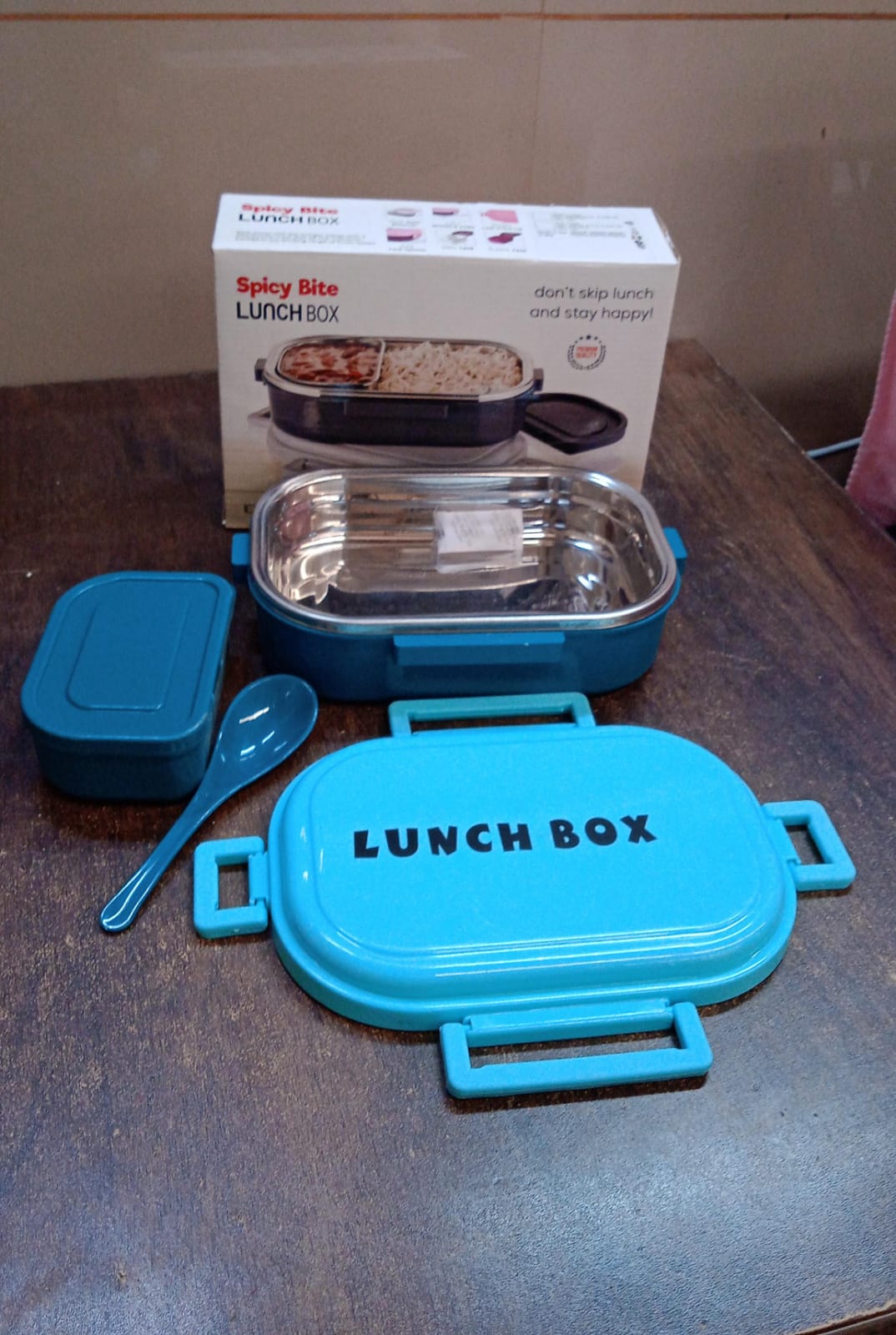 3 In1 Spicy Bite Stainless Steel Lunch Box With Plastic Small Box Spoon (1 Set)