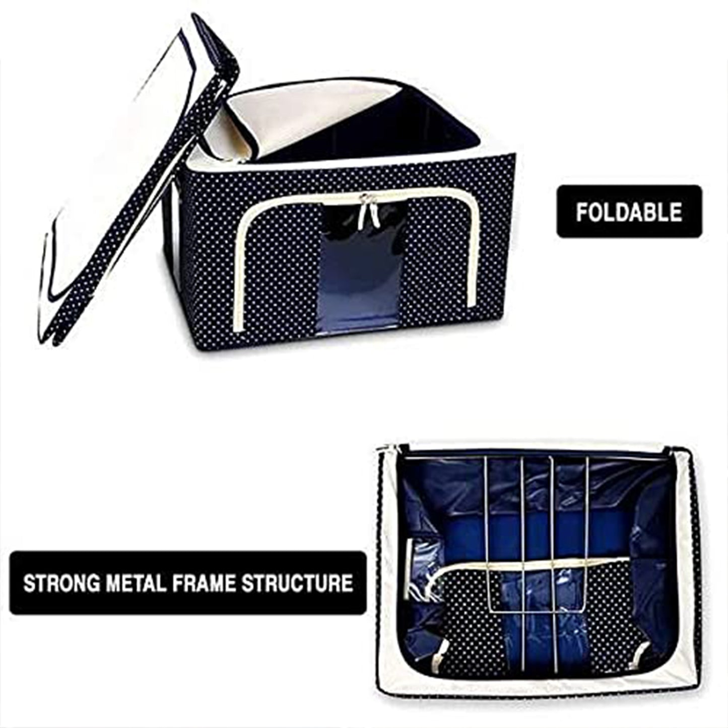Foldable Steel Frame Clothes Living Storage Organizer Handled Bag Box For Large Size Bedding Blankets Women Saree Toys Cloth Storage Box Bag (66 Liter)