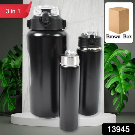 3 In1 Stainless Steel Insulated Water Bottle Double Wall Vacuum (3 Pcs Set Different Size)