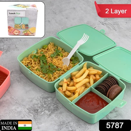 Double-Layer Square Lunch Box With Spoon 4 Compartment Tiffin Push Lock Plastic Tiffin Box For Travelling School Kids Office Exclusive Home