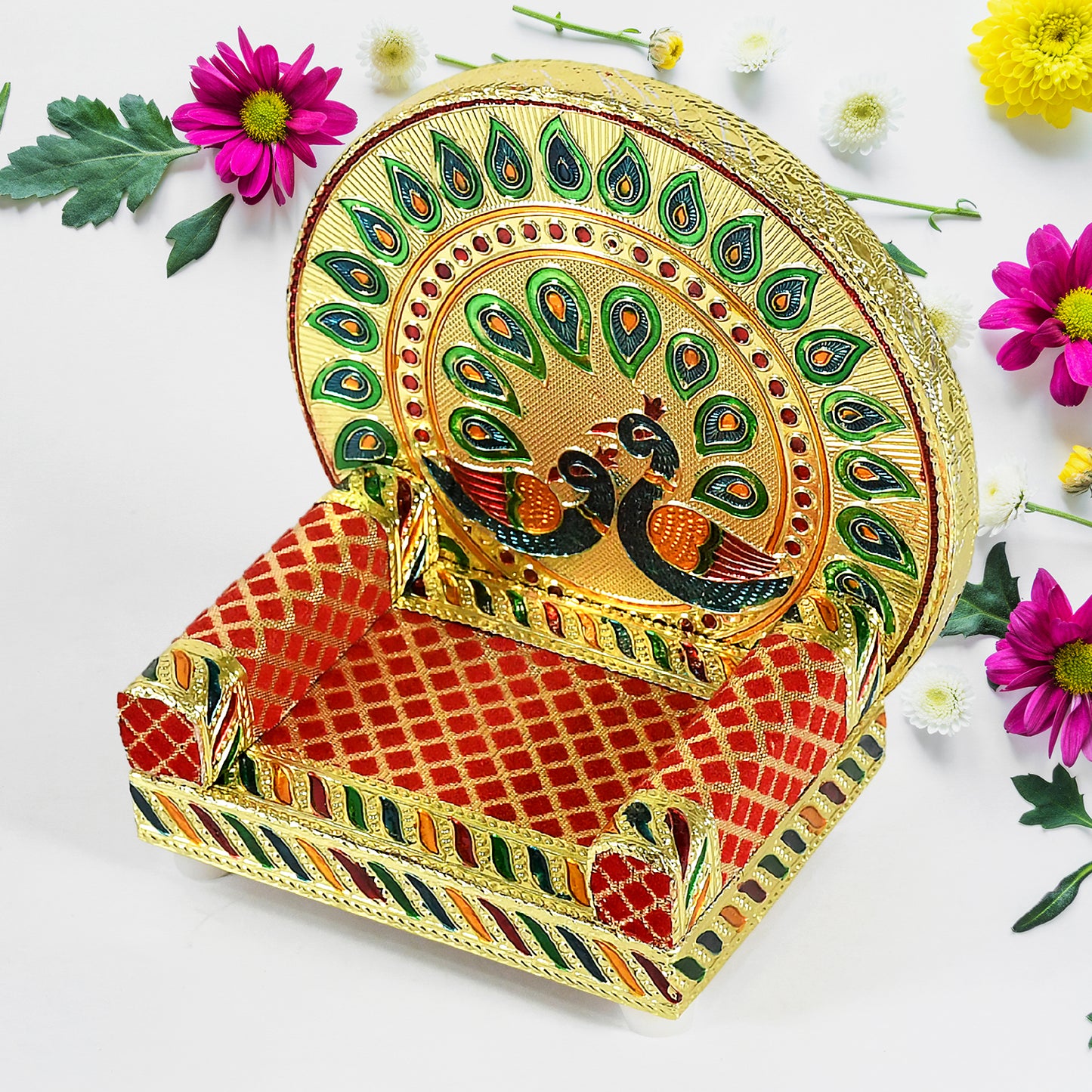 Meenakari Work Laddu Gopal Singhasan For Pooja Mandir Wooden Krishna Ladoo Bal Gopal Sofa Asan Home Decorative Premium Look Decorative Singhasan Suitable For Home Office Restaurant (2 Pc Set)