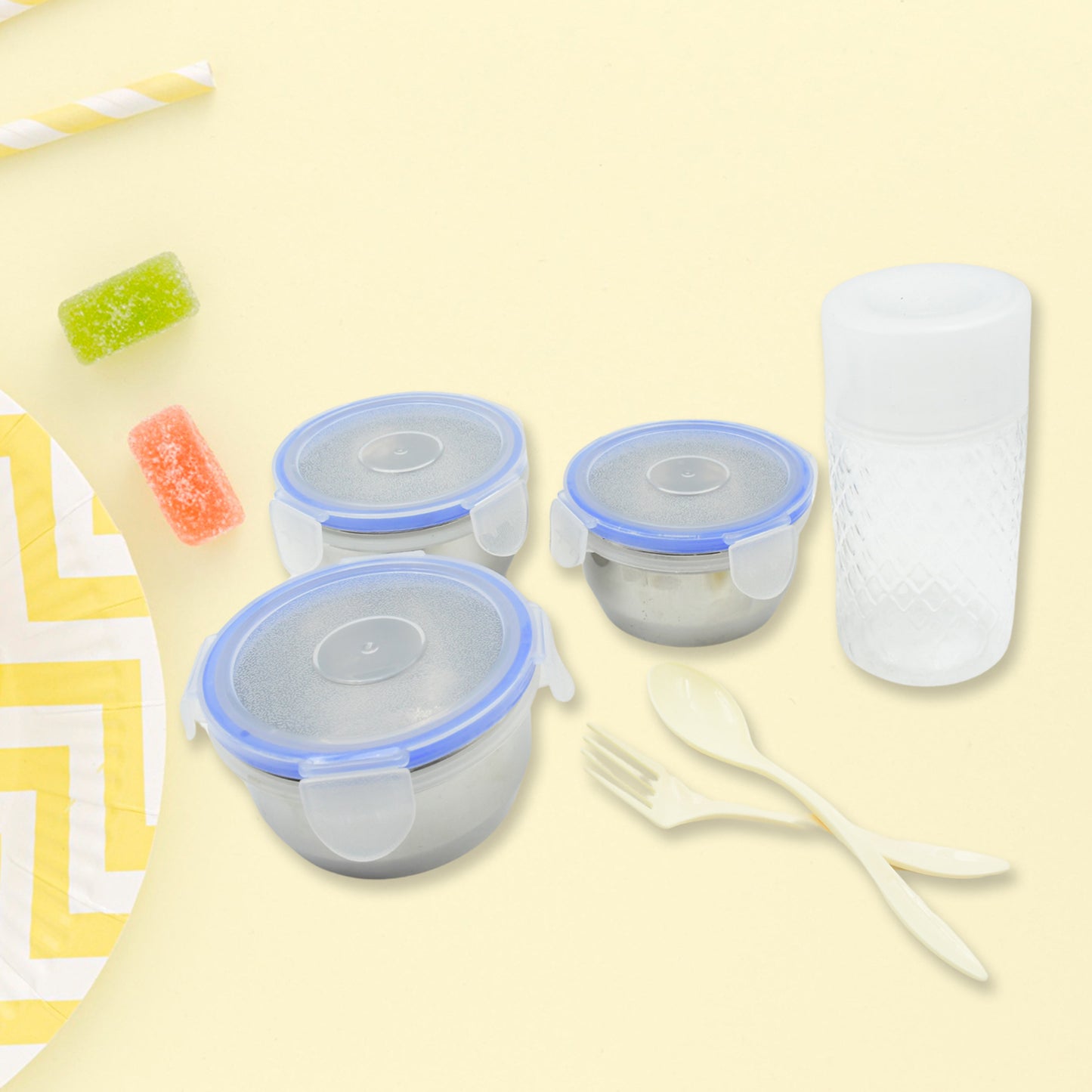 6In1 Tiffin Box-Lunch Box 3 Stainless Steel Containers Plastic Lid Box Spoon Fork Plastic Bottle Insulated Fabric Bag Leak Proof Microwave Safe For Office College And School For Men Women (6 Pcs)