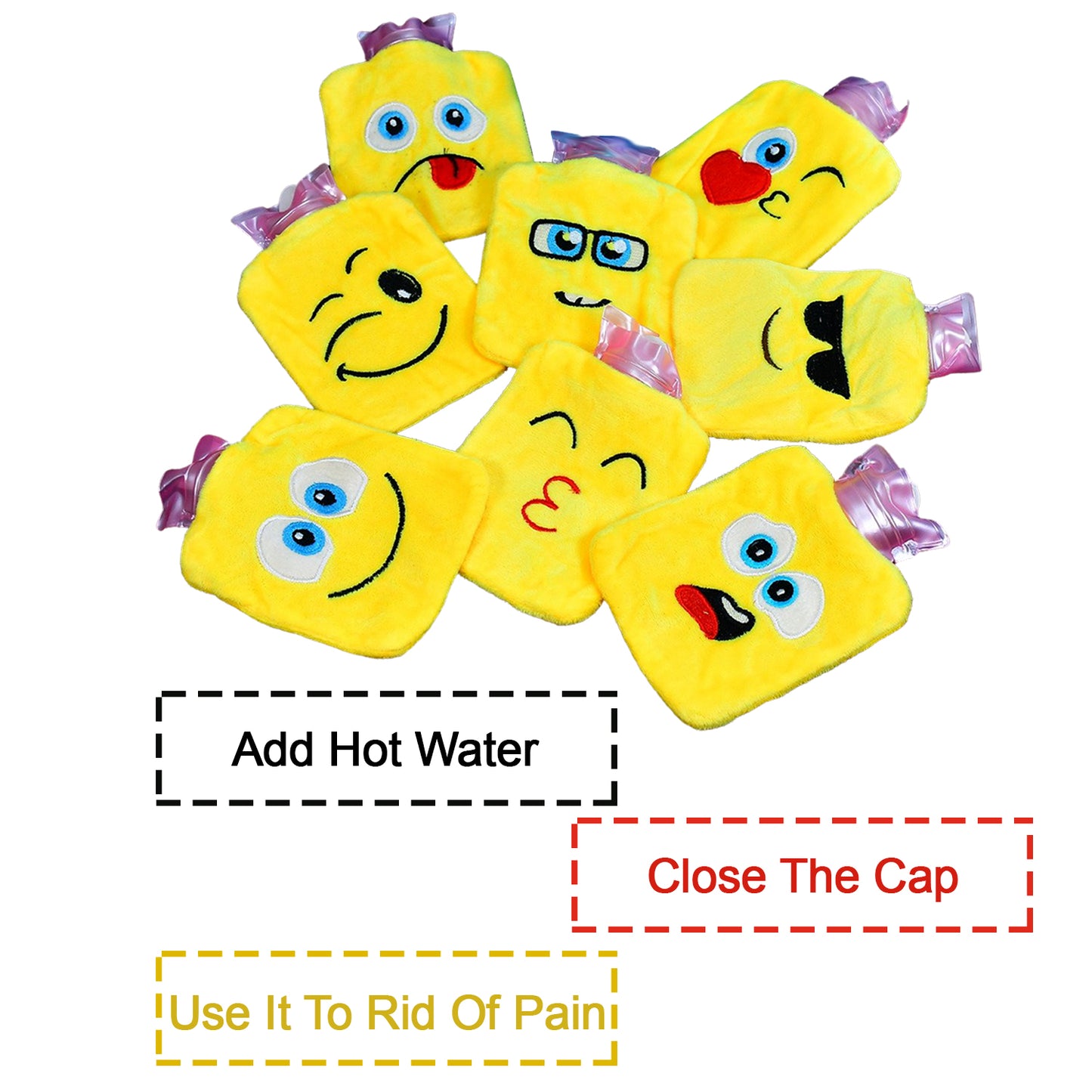 1Pc Mix Emoji Designs Small Hot Water Bag With Cover For Pain Relief Neck Shoulder Pain And Hand Feet Warmer Menstrual Cramps.