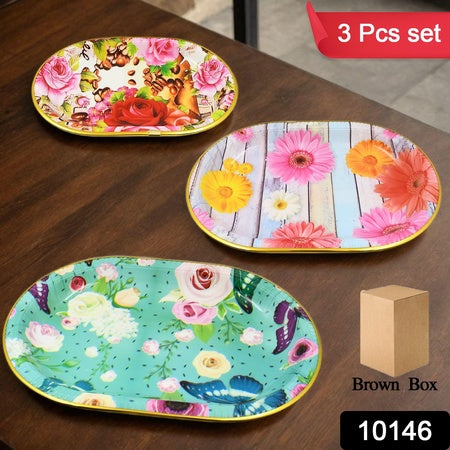 Plastic Flower Printed Design Serving Tray (3 Pcs Set Mix Color)