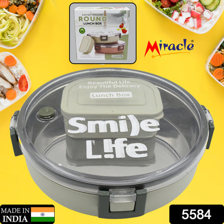 Miracle Stainless Steel Round Lunch Box With Small Plastic Box Insert Leak Proof Lunch Box With Transparent Lid Lunch Box For Kids Adults For School Office (450 Ml + 250 Ml Approx)