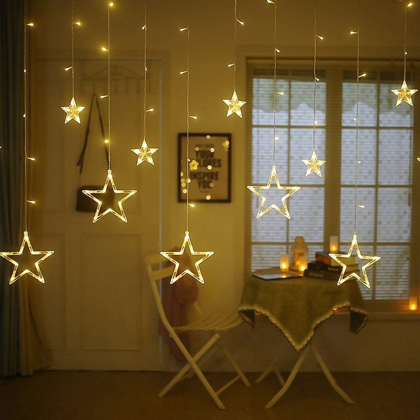 12 Stars Led Curtain String Lights With 8 Flashing Modes For Home Decoration Diwali Wedding Led Christmas Light Indoor And Outdoor Light Festival Decoration (Warm White)