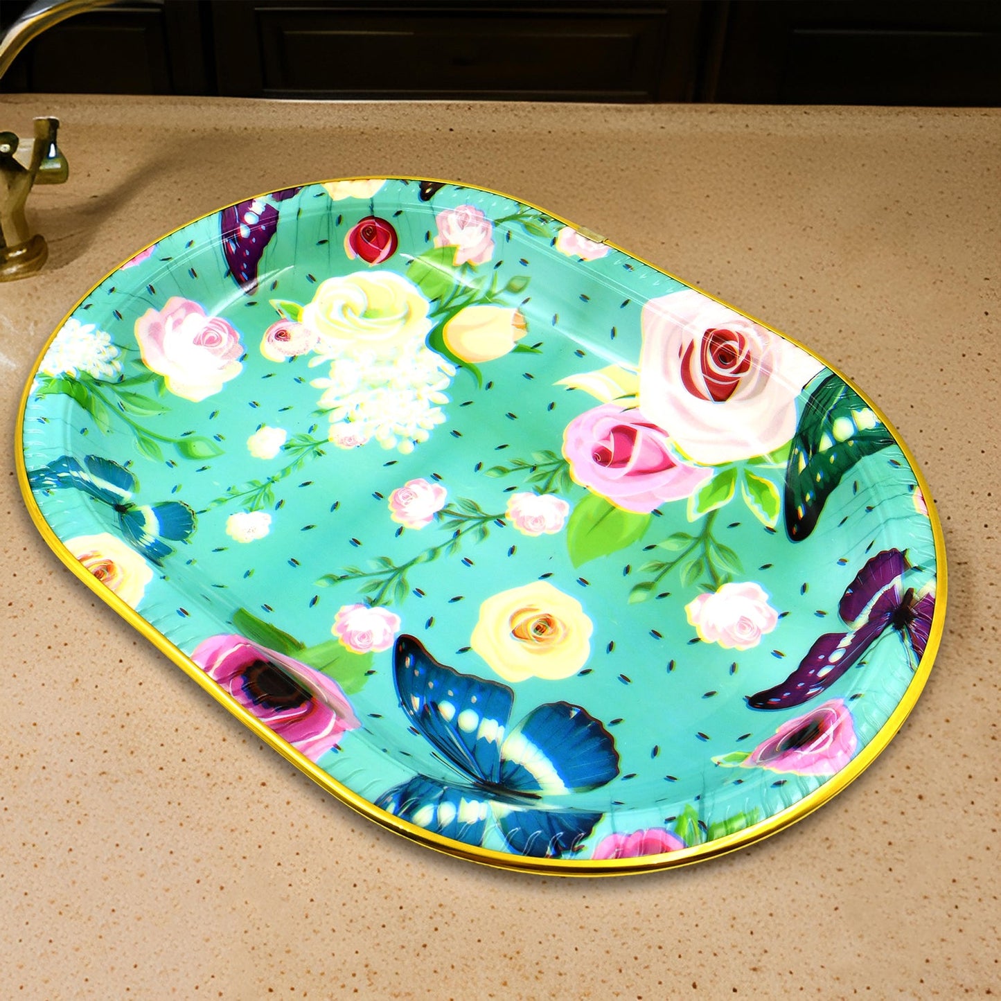 Big Plastic Flower Printed Design Serving Tray (1 Pc 35 X 24 Cm)