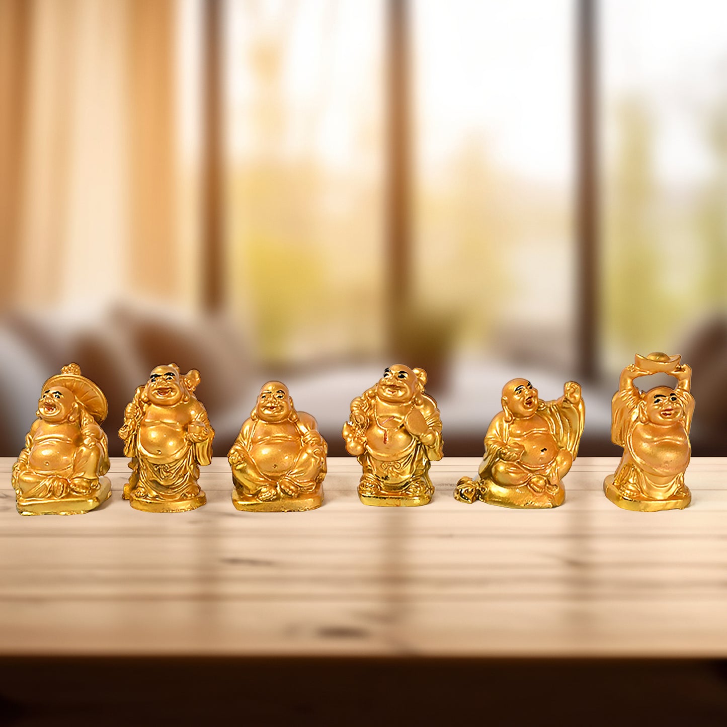 Golden Laughing Buddha Set Of Six Pieces Statue For Happiness Wealth Good Luck Decor For Wealth And Success (6 Pcs Set)