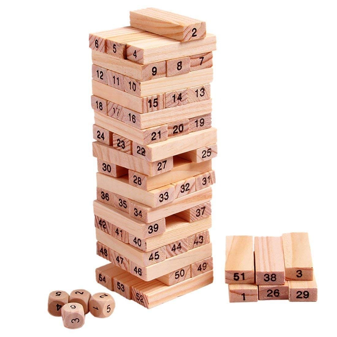 54 Pcs Blocks 4 Dices Wooden Tumbling Stacking Building