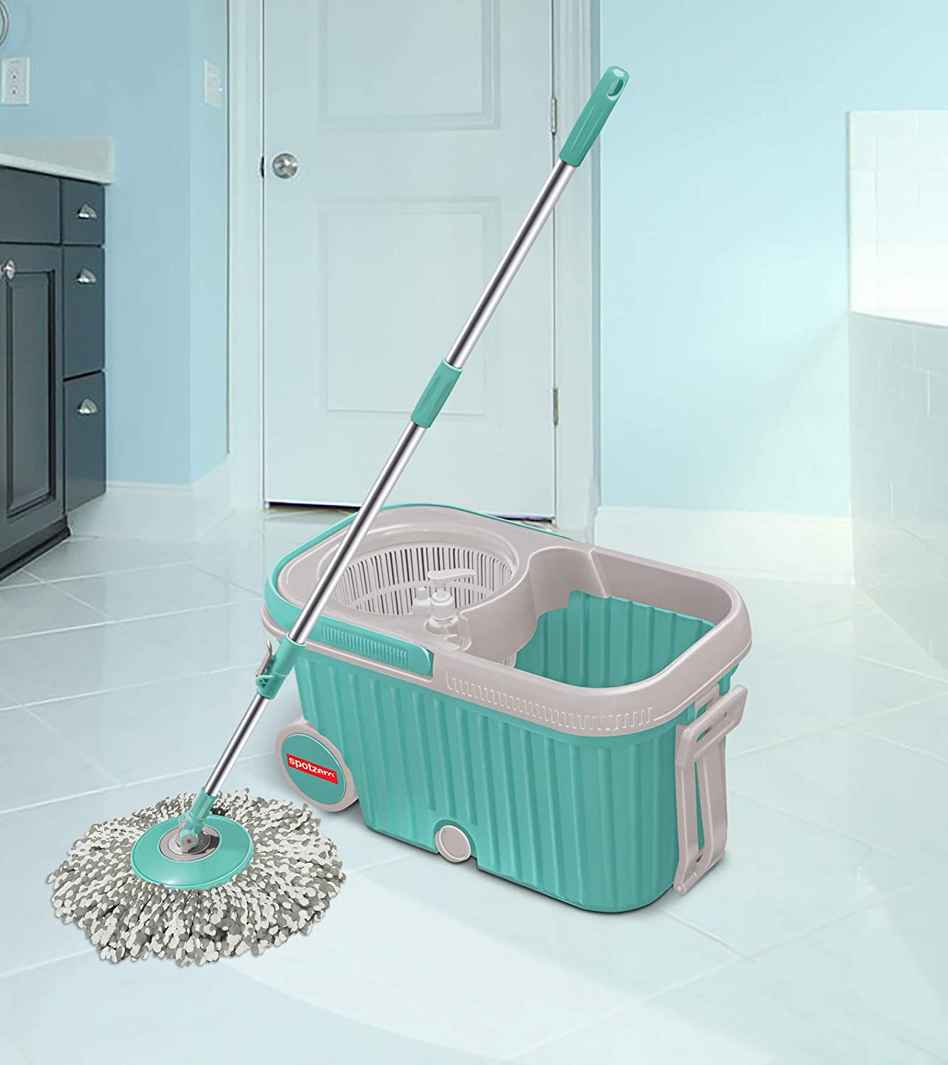 Spin Mop With Bigger Wheels And Plastic Auto Fold Handle For 360 Degree Cleaning