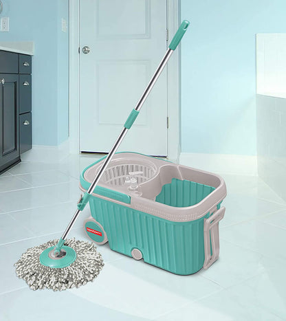 Spin Mop With Bigger Wheels And Plastic Auto Fold Handle For 360 Degree Cleaning