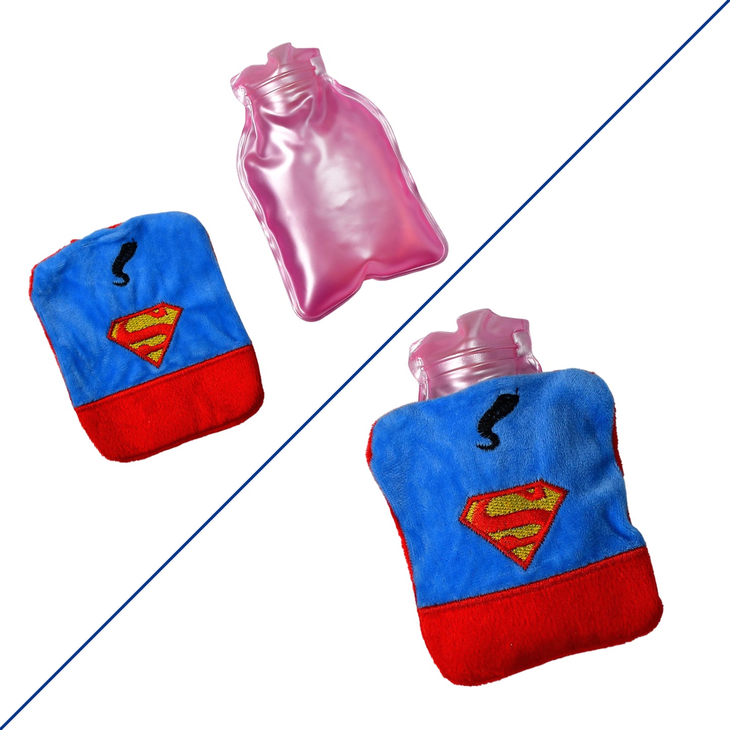 Superman Print Small Hot Water Bag With Cover For Pain Relief Neck Shoulder Pain And Hand Feet Warmer Menstrual Cramps.