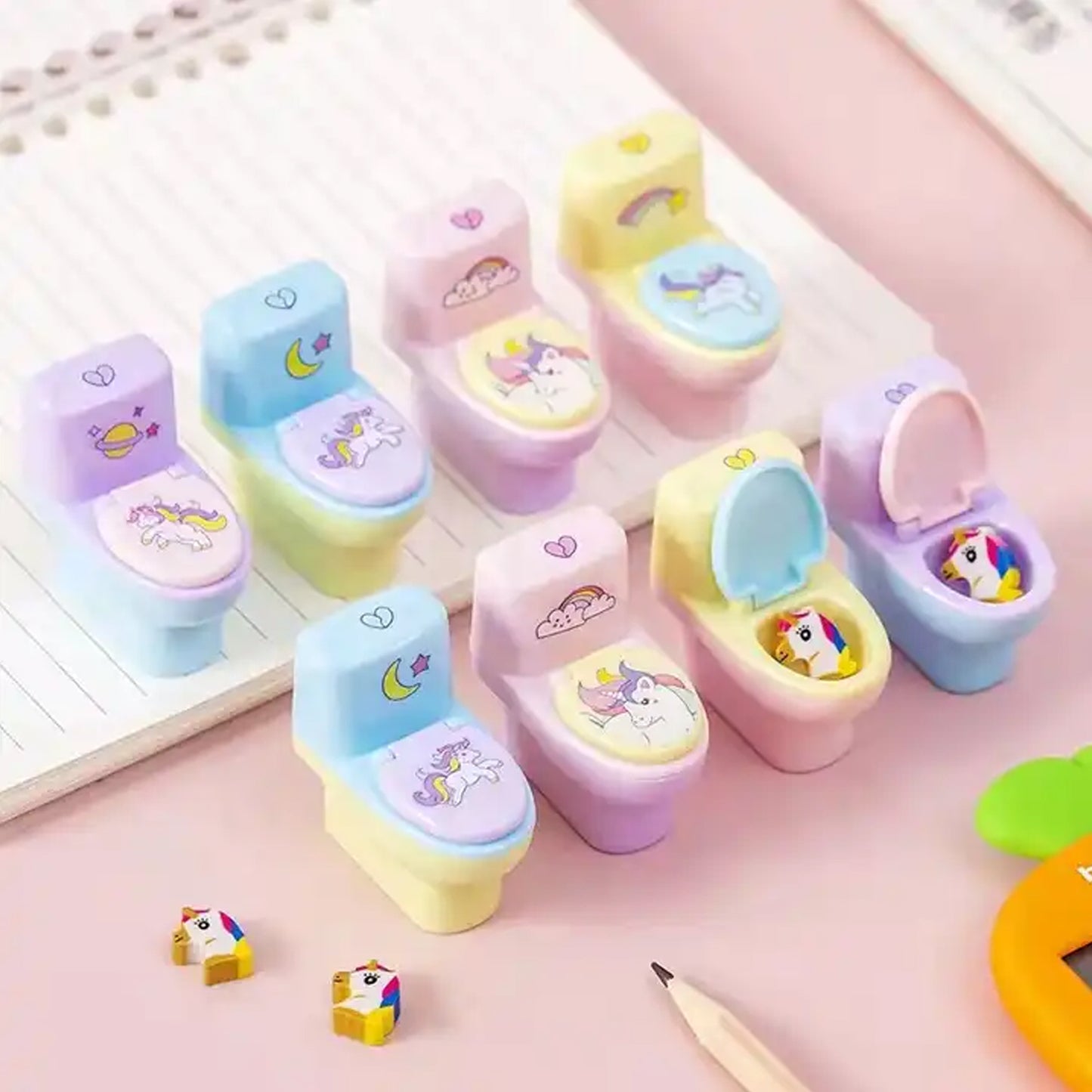 Toilet Pencil Sharpener Plastic Pencil Sharpener Novelty Pencil Sharpener Cute Cartoon Stationery Gift Small Toilet Shaped Sharpener With Eraser Wheel For School Kids (2 Pc Set)
