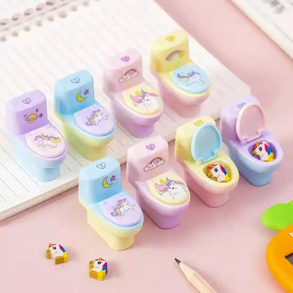 Toilet Pencil Sharpener Plastic Pencil Sharpener Novelty Pencil Sharpener Cute Cartoon Stationery Gift Small Toilet Shaped Sharpener With Eraser Wheel For School Kids (2 Pc Set)