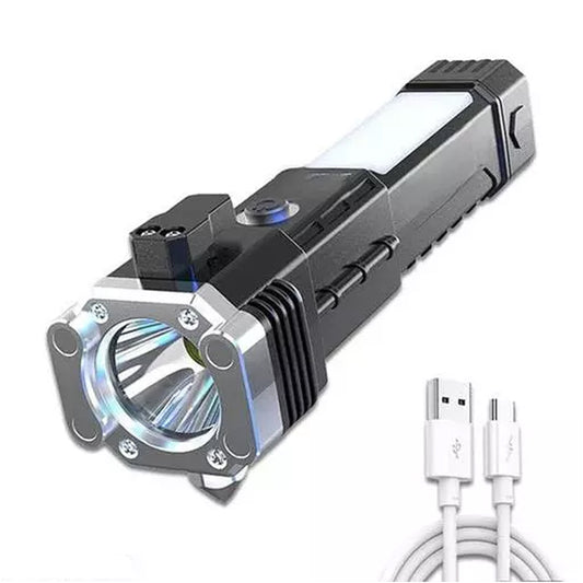 Portable 3W Rechargeable Torch Led Flashlight Long Distance Beam Range Hammer And Strong Magnets Window Glass And Seat Belt Cutter 4 Modes For Car Camping Hiking Indoor Outdoor