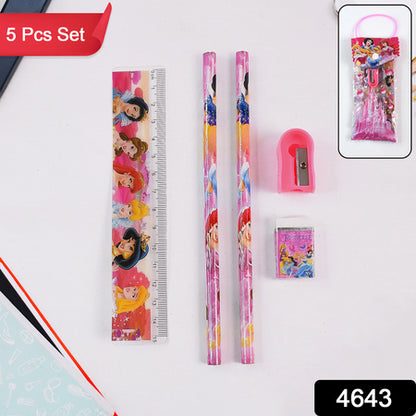 Mix Design Cartoon Wooden Pencil Set Stationary Set 5 In 1 Items Educational Item For School Going Kids Stationary Set For Girls Boysstationary For Schoolgift Pack For Girls Kidsbirthday Gift Kids (5 Pc Set )