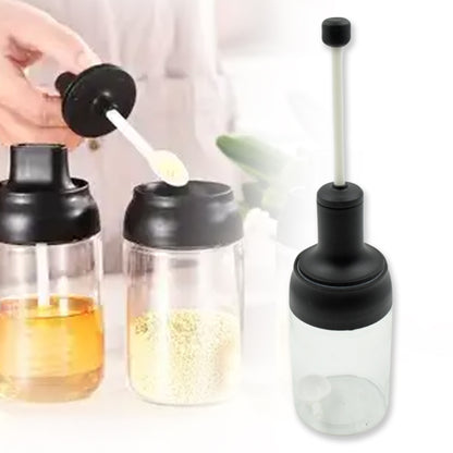 Heat-Resistant Condiment Container Seasoning Box Glass Condiment Canisters Pots Bottle With Serving Spoons For Salt Spice Honey Sugar Bbq Resturant Jar Oil Bottle Honey Jar Dispenser Airtight Cap Transparent (1 Pc)