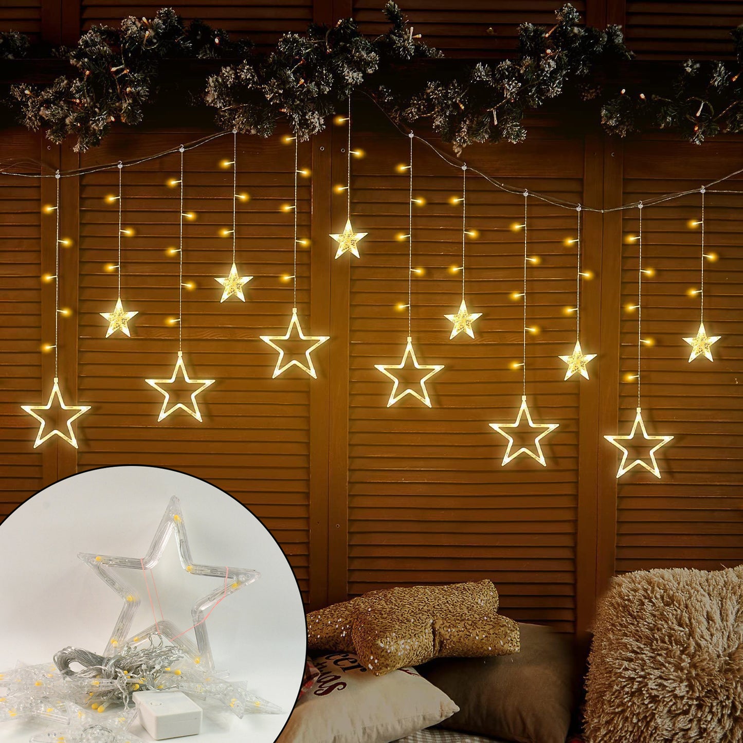 12 Stars Led Curtain String Lights With 8 Flashing Modes For Home Decoration Diwali  Wedding Led Christmas Light Indoor And Outdoor Light Festival Decoration  (Warm White)