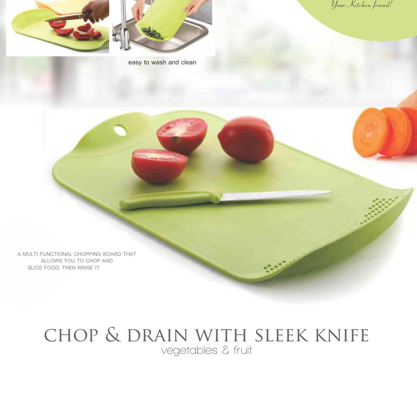 Chop  Drain Vegetables Fruits Chopping Board Sleek Knife