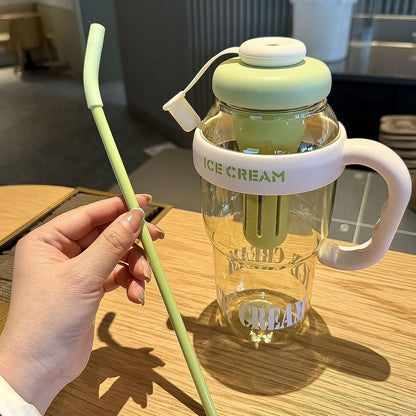 1300Ml Large Capacity Cute Ice Cream Themed Water Bottle With Handle Straw  Fruit Infuser  Leakproof Sipper For Kids  Adults