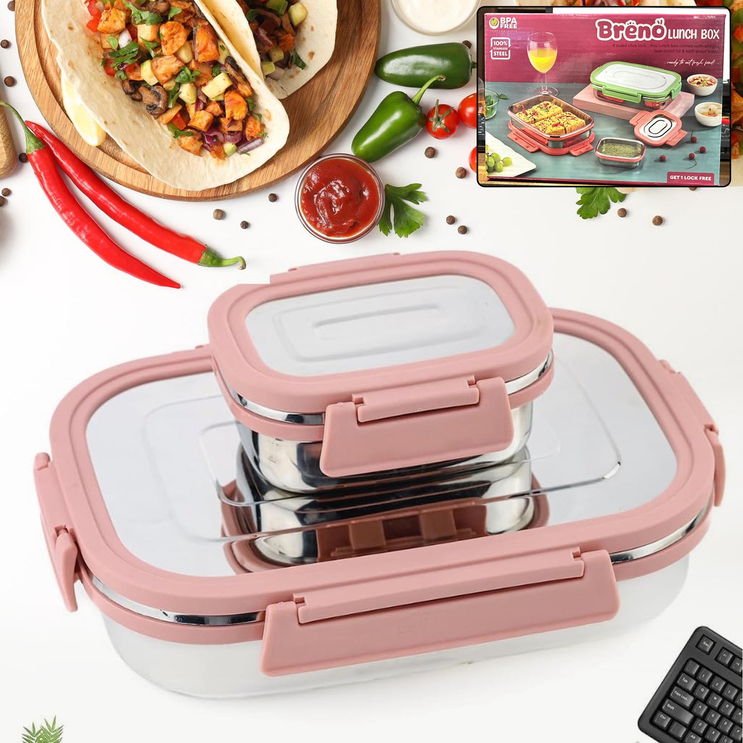 Premium Stainless Steel Leak Proof Air Tight Lunch Boxes (900Ml+200Ml Approx  2 Pc Set)