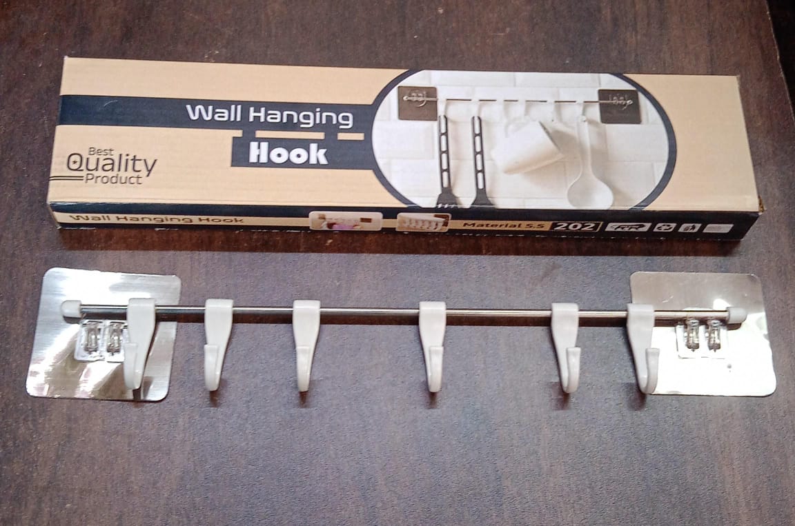 Stainless Steel Utensil Hanger Rail Nail Free Wall Mount With 2 Magic Stickers  6 Plastic Hooks For Kitchen