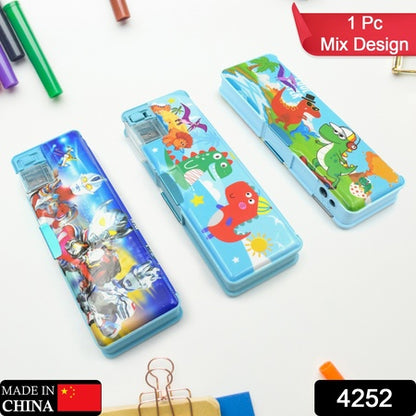 Multipurpose Compass Box Plastic Double Deck Pencil Case With 2 Compartments Supplies Utility Box Storage Organizer Pencil Box For School Cartoon Printed Pencil Case For Kids Birthday Gift For Girls  Boys (1 Pc Mix Design)
