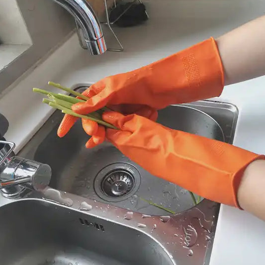 Multipurpose Rubber Reusable Cleaning Gloves Reusable Rubber Hand Gloves I Latex Safety Gloves I For Washing I Cleaning Kitchen I Gardening I Sanitation I Wet And Dry Use Orange Gloves (1 Pair 40 Gm)
