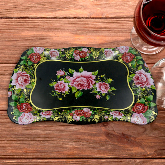 Stainless Steel Serving Tray With Flower Printed Rectangle Premium Dining Table Plate (18 X 8.5 Inch  1 Pc)
