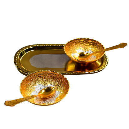 Gold Silver Plated 2 Bowl 2 Spoon Tray Set Brass With Red Velvet Gift Box Serving Dry Fruits Desserts Gift